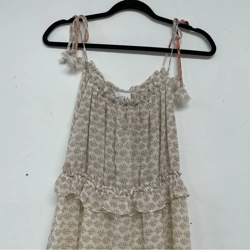 Misa Los Angeles Dionica Midi Floral Tiered Boho Dress Womens M Cottage Core